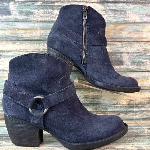 Born Carmel Harness Ankle Boot Womens 6.5M Blue Suede Zip Up Comfort Moto Bootie - Picture 1 of 12